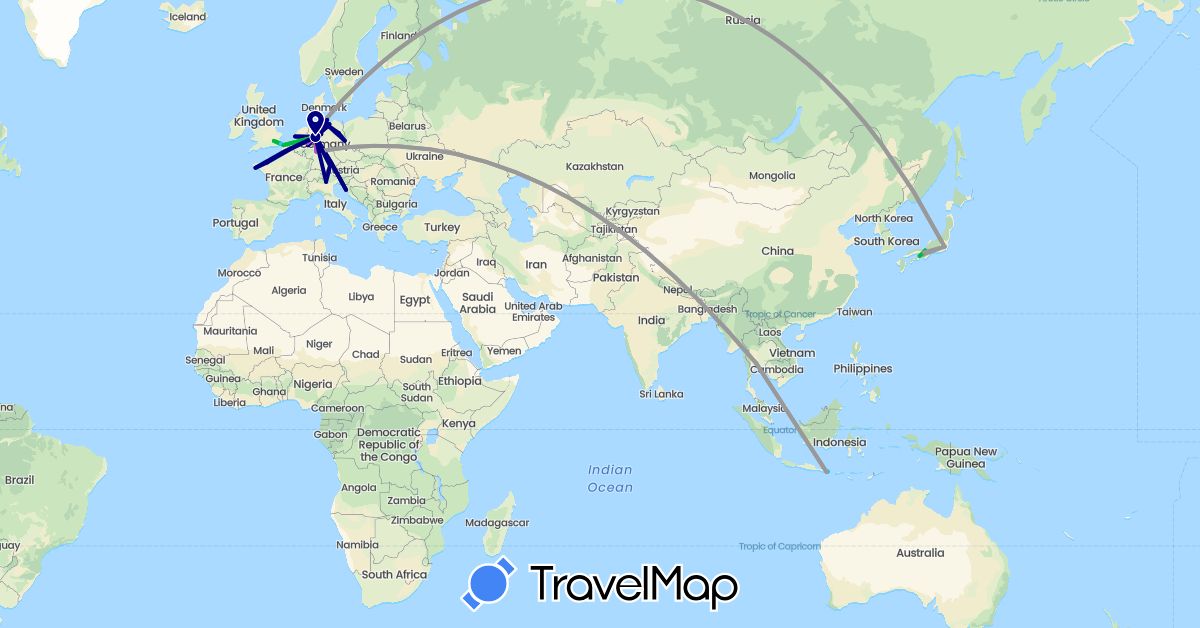 TravelMap itinerary: driving, bus, plane, train, boat in Germany, France, United Kingdom, Croatia, Indonesia, Italy, Japan, Netherlands, Thailand (Asia, Europe)